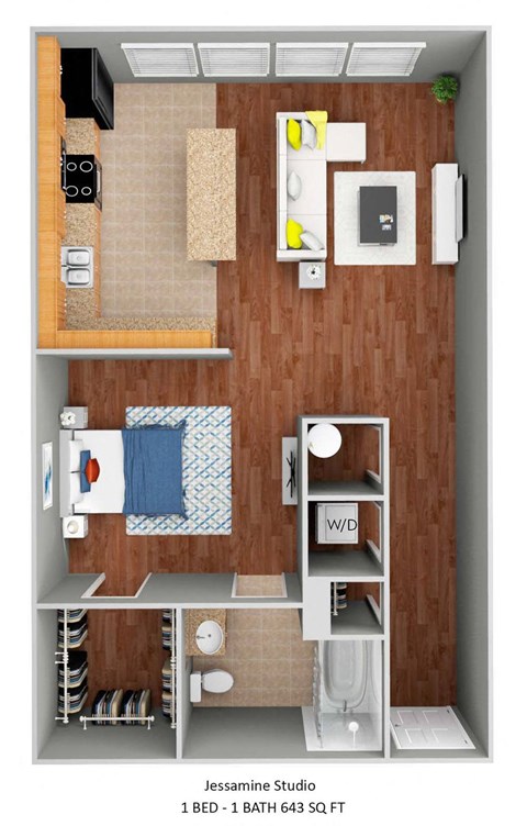Floor plan for 1 bed, 1 bath, 643 sqft